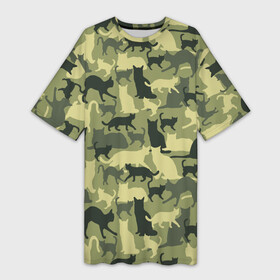 Платье-футболка 3D с принтом Кошачий камуфляж в зеленой гамме в Кировске,  |  | Тематика изображения на принте: camouflage | камуфляж | коты | маскировка | паттерн