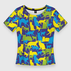 Женская футболка 3D Slim с принтом Синий кошачий камуфляж в Кировске,  |  | Тематика изображения на принте: животное | камуфляж | коты | кошки | паттерн