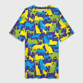 Платье-футболка 3D с принтом Синий кошачий камуфляж в Кировске,  |  | Тематика изображения на принте: животное | камуфляж | коты | кошки | паттерн