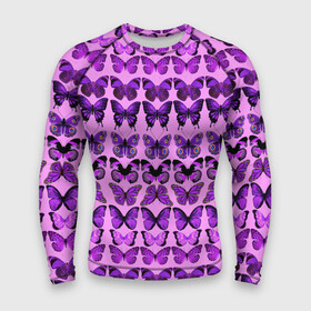 Мужской рашгард 3D с принтом Purple butterflies в Кировске,  |  | background | beautiful | colorful | insect | pattern | wings | бабочки | красивый | красочные | крылья | насекомое | узор | фиолетовый | фон