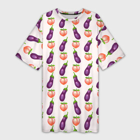 Платье-футболка 3D с принтом Баклажаны и персики паттерн в Кировске,  |  | Тематика изображения на принте: баклажан | баклажаны | веганство | еда | овощи | паттерн | персик | персики | фрукты
