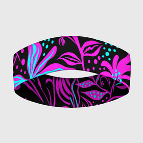 Повязка на голову 3D с принтом Purple flowers pattern в Кировске,  |  | beautiful | black | blue | colorful | floral | красивый | красочный | узор | фиолетовый | цветочный | черный