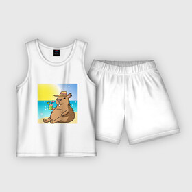 Детская пижама с шортами хлопок с принтом Капибара на пляже в Кировске,  |  | Тематика изображения на принте: капибара | лето | отдых | пляж