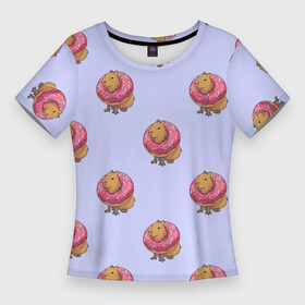 Женская футболка 3D Slim с принтом Капибара в пончике паттерн в Кировске,  |  | Тематика изображения на принте: capybara | kapibara | животное | капибара | пончик | пончики