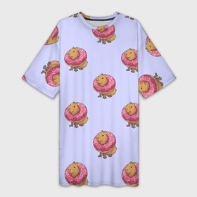 Платье-футболка 3D с принтом Капибара в пончике паттерн в Кировске,  |  | capybara | kapibara | животное | капибара | пончик | пончики