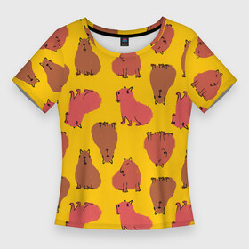 Женская футболка 3D Slim с принтом Паттерн с капибарами в Кировске,  |  | capybara | kapibara | животное | капибара