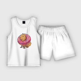 Детская пижама с шортами хлопок с принтом Капибара и пончик в Кировске,  |  | capybara | kapibara | животное | капибара