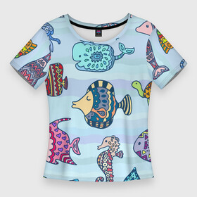 Женская футболка 3D Slim с принтом Кит, черепаха, акула и другие обитатели океана в Кировске,  |  | fish | jellyfish | seahorse | shark | shell | turtle | whale | акула | кит | медуза | морской конёк | ракушка | рыба | черепаха