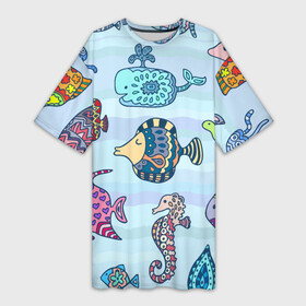 Платье-футболка 3D с принтом Кит, черепаха, акула и другие обитатели океана в Кировске,  |  | fish | jellyfish | seahorse | shark | shell | turtle | whale | акула | кит | медуза | морской конёк | ракушка | рыба | черепаха