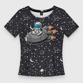 Женская футболка 3D Slim с принтом космонавт летит в ракете через звезды в Кировске,  |  | космический | космонавт | космос | полет | ракета