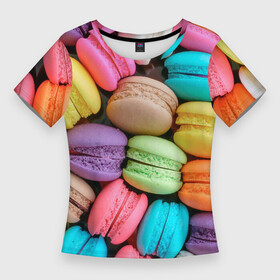 Женская футболка 3D Slim с принтом Цветные Макаруны в Кировске,  |  | macaroon | еда | макаруны | печеньки | сладости