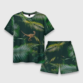 Мужской костюм с шортами 3D с принтом Динозавр в зарослях джунглей в Кировске,  |  | велоцираптор | джунгли | динозавр | животные | природа | ящер