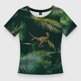 Женская футболка 3D Slim с принтом Динозавр в зарослях джунглей в Кировске,  |  | велоцираптор | джунгли | динозавр | животные | природа | ящер