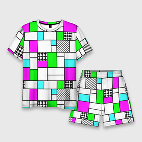 Мужской костюм с шортами 3D с принтом Неоновый геометрический узор с черными линиями в Кировске,  |  | геометрический узор | зеленый неоновый | неоновый | неоновый принт | неоновый розовый