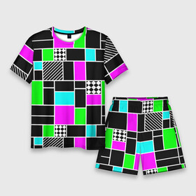 Мужской костюм с шортами 3D с принтом Неоновый геометрический узор на черном в Кировске,  |  | геометрический узор | зеленый неоновый | клетчатый | неоновый узор | розовый неоновый