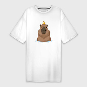 Платье-футболка хлопок с принтом Капибару с птичкой в Кировске,  |  | Тематика изображения на принте: capybara | водосвинка | грызун | грызуны | капибара | капибары | с птичкой