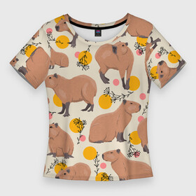 Женская футболка 3D Slim с принтом Милая капибару паттерн в Кировске,  |  | capybara | patern | pattern | водосвинка | грызун | грызуны | капибара | капибары | патерн | паттерн