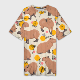 Платье-футболка 3D с принтом Милая капибару паттерн в Кировске,  |  | Тематика изображения на принте: capybara | patern | pattern | водосвинка | грызун | грызуны | капибара | капибары | патерн | паттерн