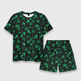 Мужской костюм с шортами 3D с принтом Геометрический узор, зеленые фигуры на черном в Кировске,  |  | Тематика изображения на принте: abstract | black | geometric | geometric pattern | green | green and black | polygons | shapes | striped | stripes | абстрактный | геометрический | геометрический узор | зеленый | зеленый и черный | многоугольники | полосатый | полосы | фигуры