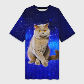 Платье-футболка 3D с принтом Британский кот на фоне звёздного неба в Кировске,  |  | british | cat | cats | kitty | британская | британские | британский | кот | котёнок | котик | котята | кошечка | кошка