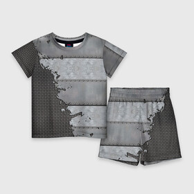 Детский костюм с шортами 3D с принтом Броня на сетке в Кировске,  |  | armor | iron | metal | metal mesh | rivets | броня | железо | заклепки | клепки | металл | металлическая сетка