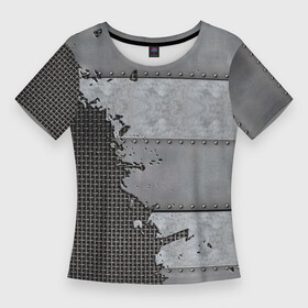 Женская футболка 3D Slim с принтом Броня на сетке в Кировске,  |  | armor | iron | metal | metal mesh | rivets | броня | железо | заклепки | клепки | металл | металлическая сетка