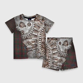 Детский костюм с шортами 3D с принтом Ржавые шестеренки на сетке в Кировске,  |  | armor | iron | metal | metal mesh | rust | rusty gears | броня | железо | металл | металлическая сетка | ржавчина | ржавые шестеренки