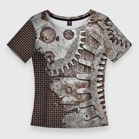 Женская футболка 3D Slim с принтом Ржавые шестеренки на сетке в Кировске,  |  | armor | iron | metal | metal mesh | rust | rusty gears | броня | железо | металл | металлическая сетка | ржавчина | ржавые шестеренки
